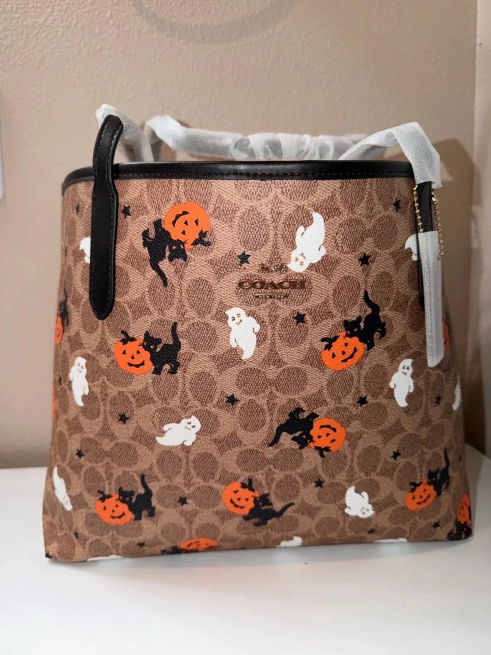 Coach Brown Halloween Pumpkin & Ghost Print Tote - Picture 1 of 8